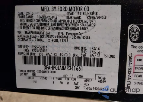 2010 Ford Fusion Sel z USA, uszkodzony, nr VIN 3FAHP0JA8AR341661